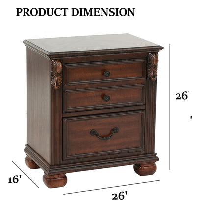 Nightstand in dark wood with ornate carved sides and two drawers with pulls HouseOfZazla on Tampa Home & Garden Store
