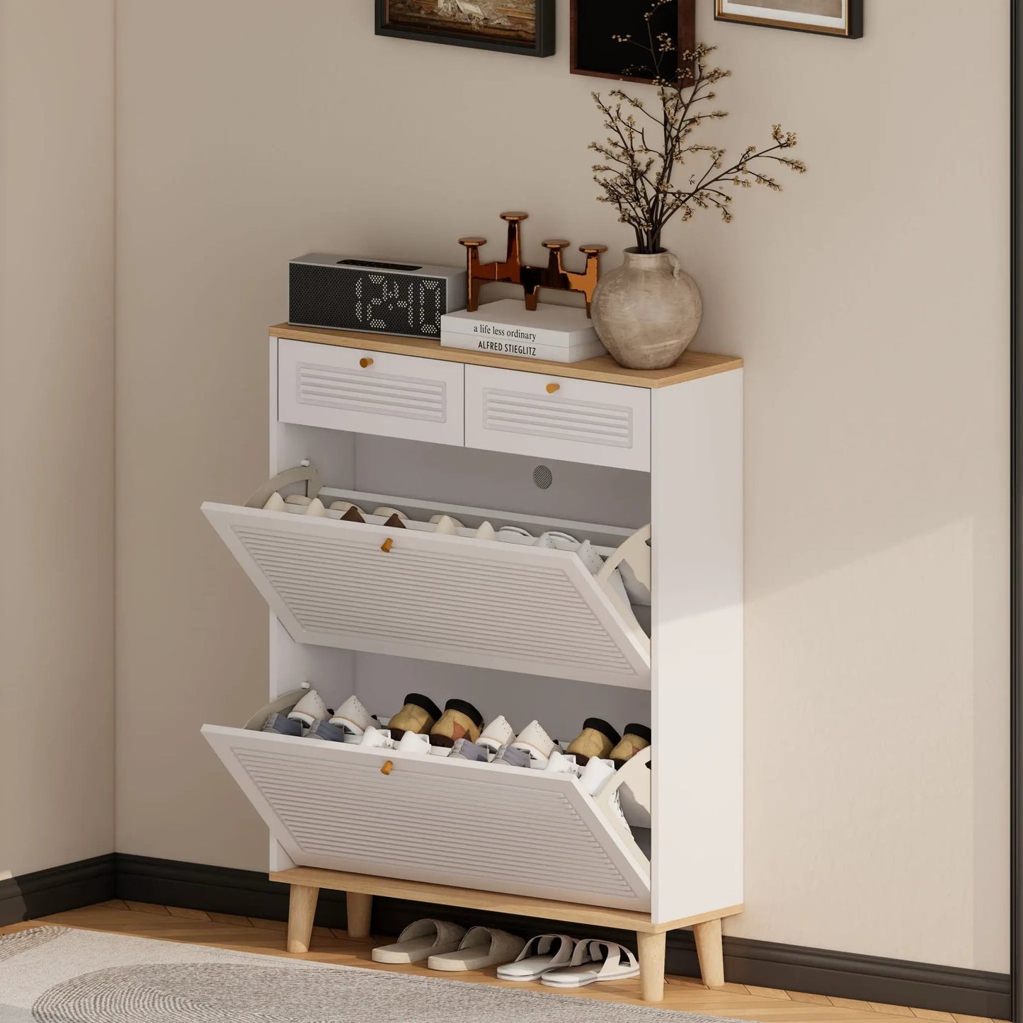 White natural shoe cabinet with flip-up doors and drawers, compact entryway storage on Tampa Home & Garden Store