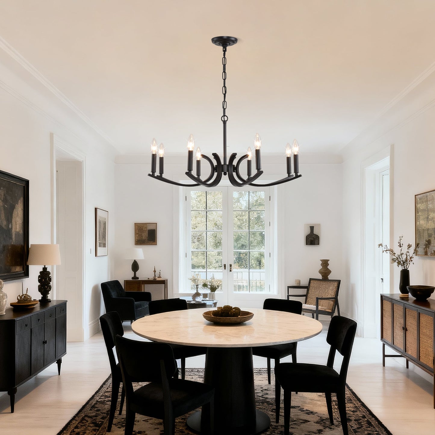 8-light farmhouse chandelier in black metal with curved arms and candle bulbs on Tampa Home & Garden Store