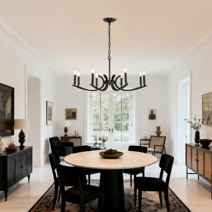 8-light farmhouse chandelier in black metal with curved arms and candle bulbs on Tampa Home & Garden Store