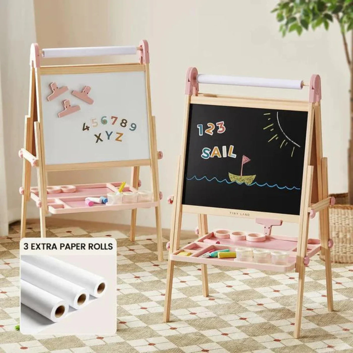 Tiny Land INC Pink Magnitales Easel & Paper Roll Set for kids, pink-accent easel, 3 extra rolls on Tampa Home & Garden Store