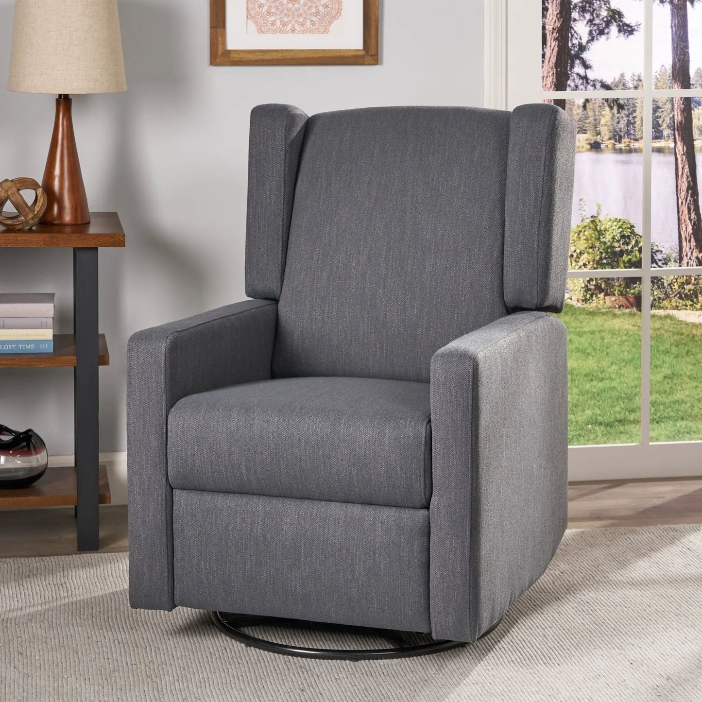 Landau Contemporary Fabric Upholstered Swivel Recliner in dark gray fabric with circular swivel base on Tampa Home & Garden Store
