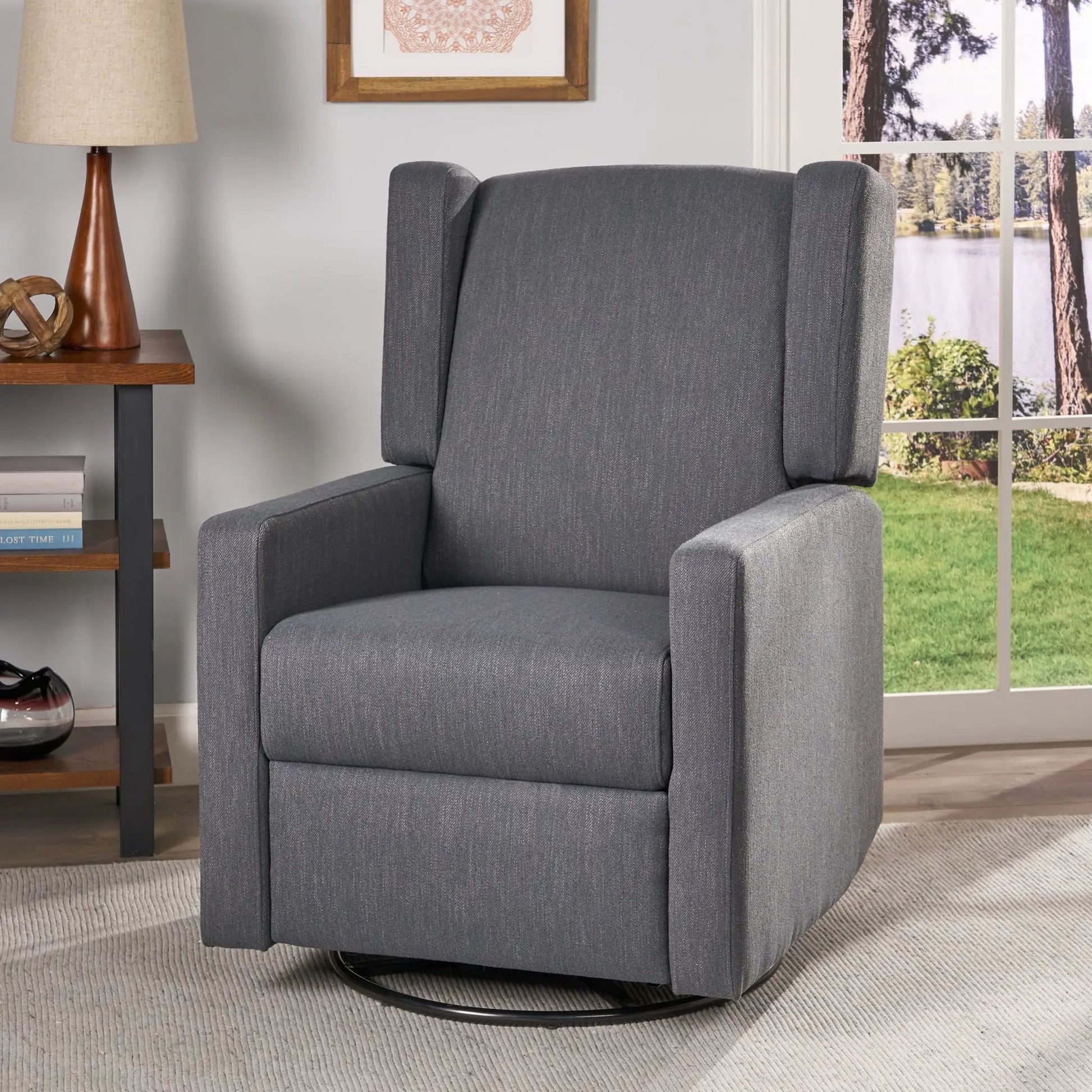 Landau Contemporary Fabric Upholstered Swivel Recliner in dark gray fabric with circular swivel base on Tampa Home & Garden Store