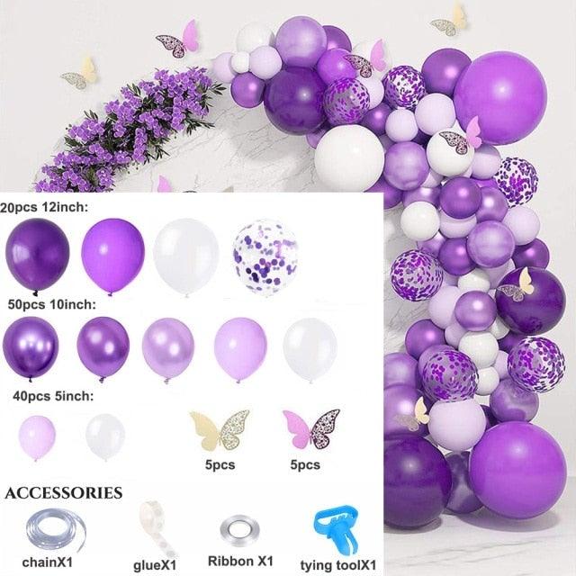 Stevvex 124 Pcs Garland Arch Kit with white purple latex metallic balloons and paper butterflies on Tampa Home & Garden Store