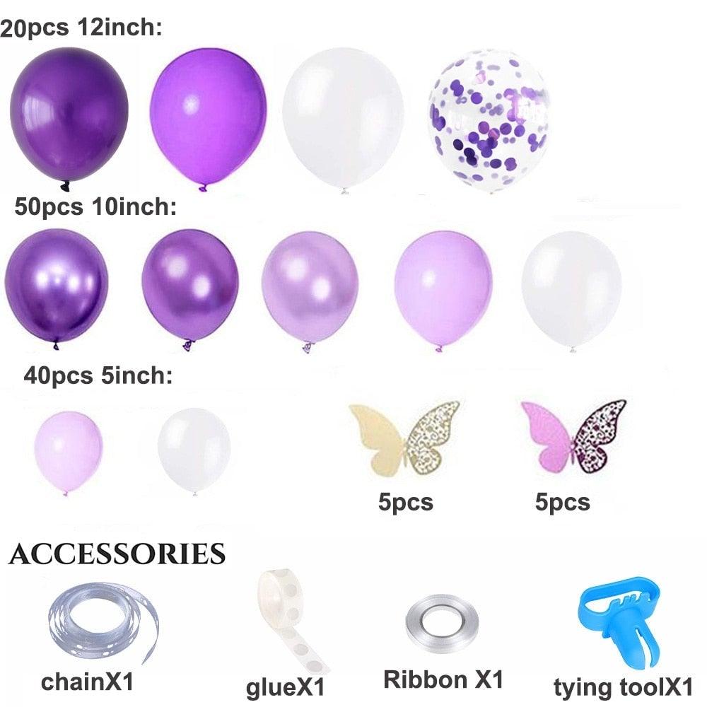 Stevvex Garland Arch Kit 124pcs purple white latex balloons with butterfly accents on Tampa Home & Garden Store