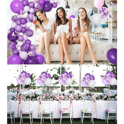 Garland arch balloon kit Stevvex 124pc with white purple latex metallic balloons and butterflies on Tampa Home & Garden Store