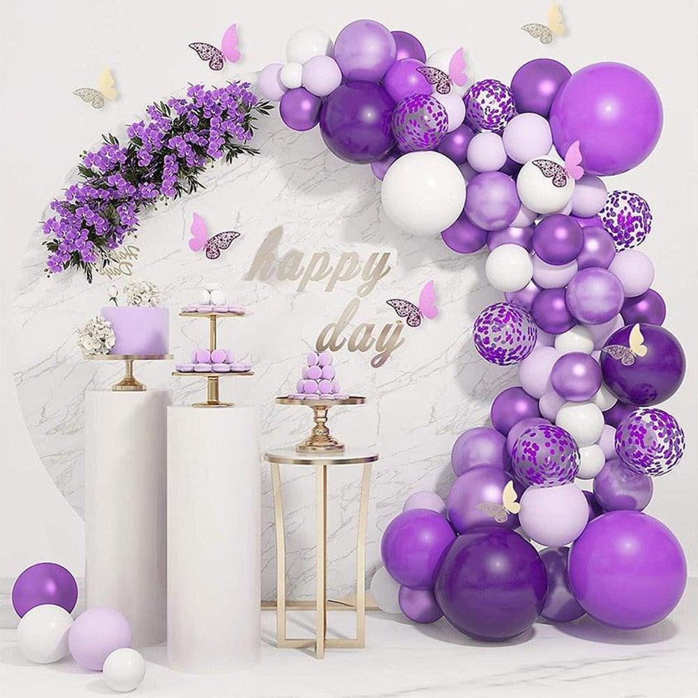 124 Pcs Garland Arch Kit white purple latex metallic balloons with paper butterflies Stevvex on Tampa Home & Garden Store