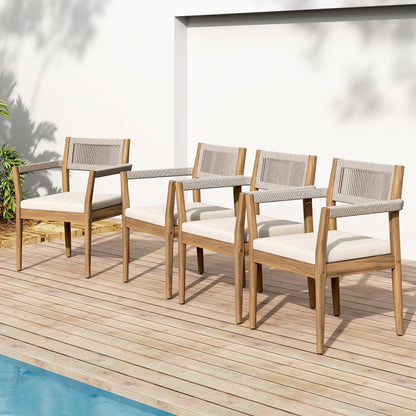 Braided acacia wood outdoor dining chairs set of 4 with beige rope and cream cushions on Tampa Home & Garden Store