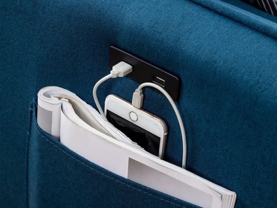 Mia sectional sofa chaise with USB charger, teal fabric and pillows on Tampa Home & Garden Store