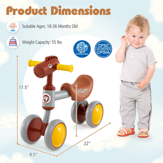 Baby Balance Bike No Pedal 4-Wheel Bicycle-Brown - Tampa Home & Garden Store