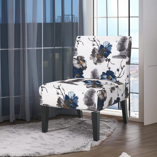 Blue and Multi Fabric Accent Chair Modern with floral upholstery and dark legs on Tampa Home & Garden Store