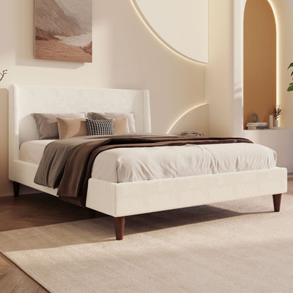 Upholstered Platform Bed With Wingback Headboard in cream fabric dark wood legs neutral bedding on Tampa Home & Garden Store