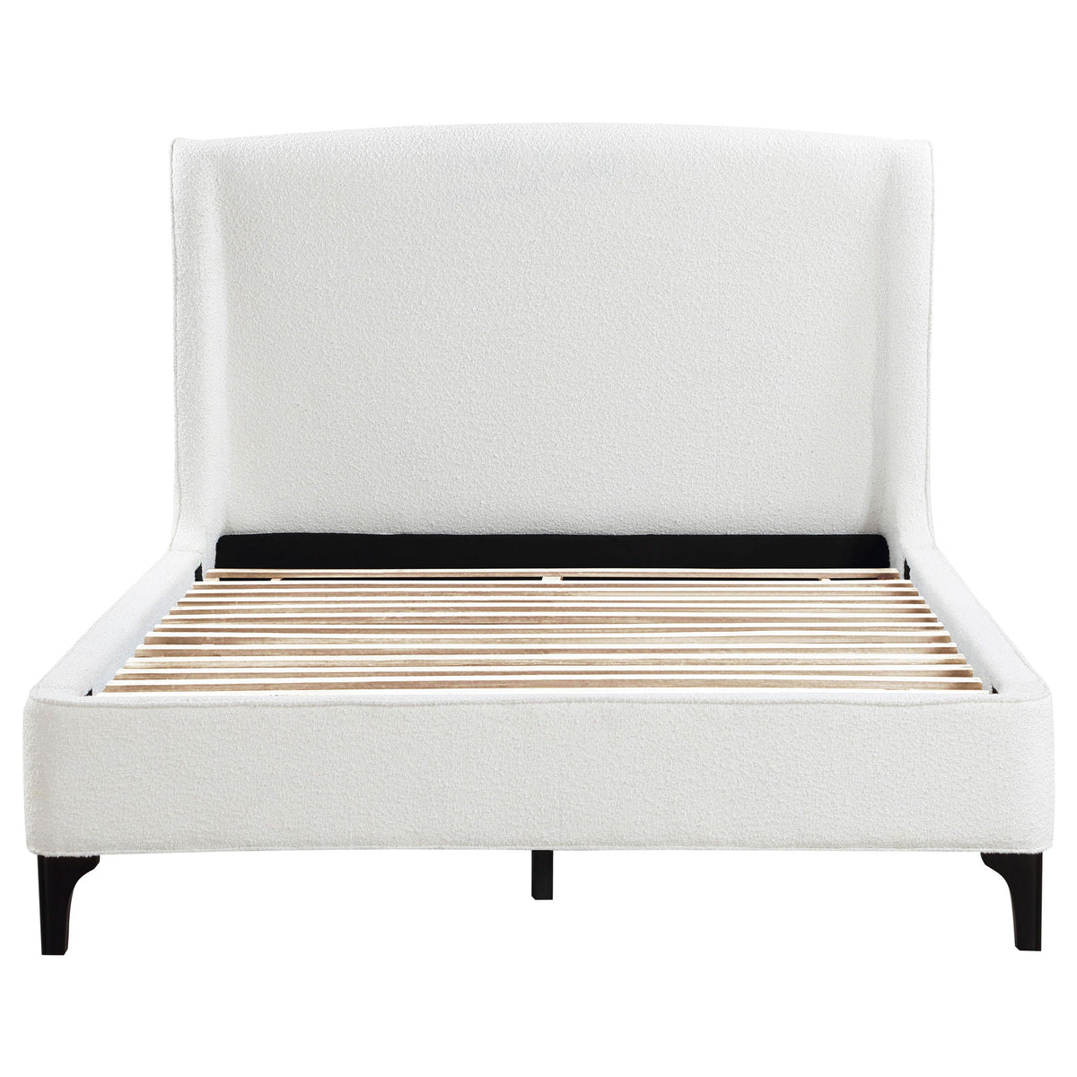 Theodore Wingback Bed upholstered in white fabric with black legs and slatted base on Tampa Home & Garden Store