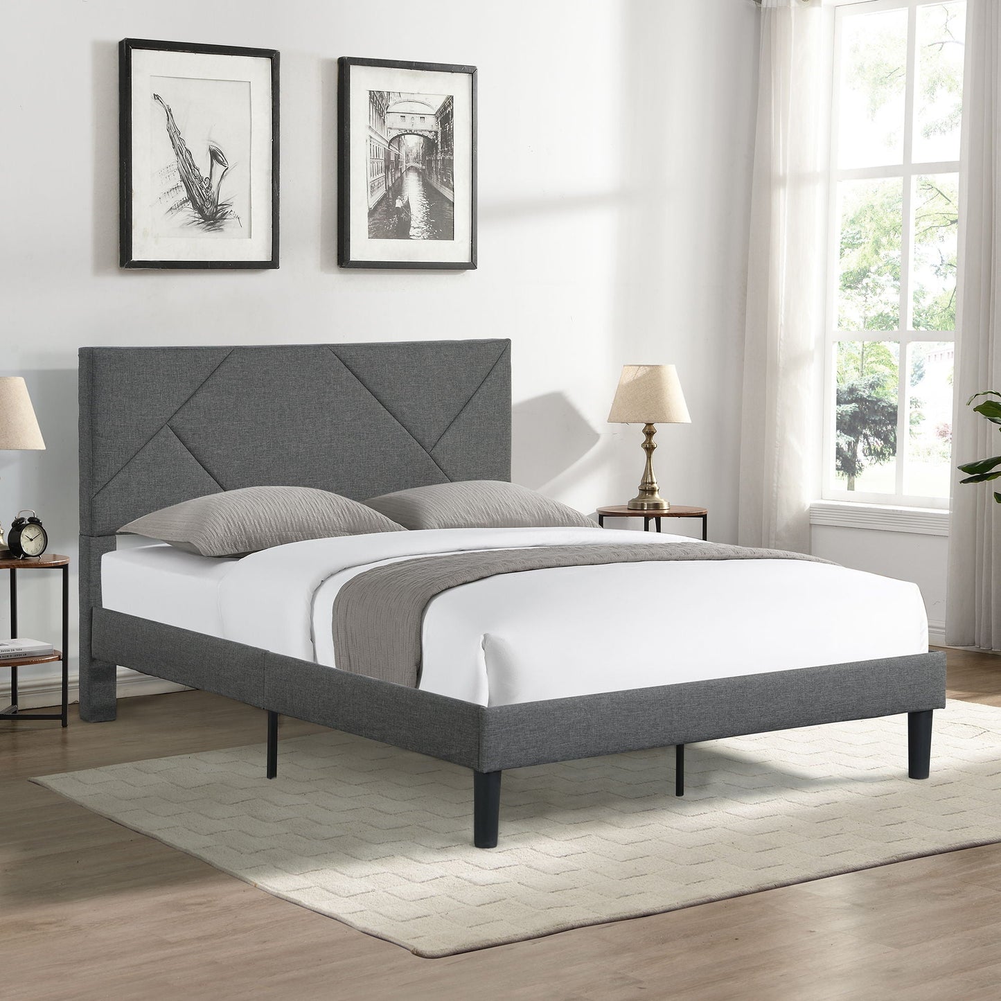 Full Size Gray Upholstered Bed Frame and Slats