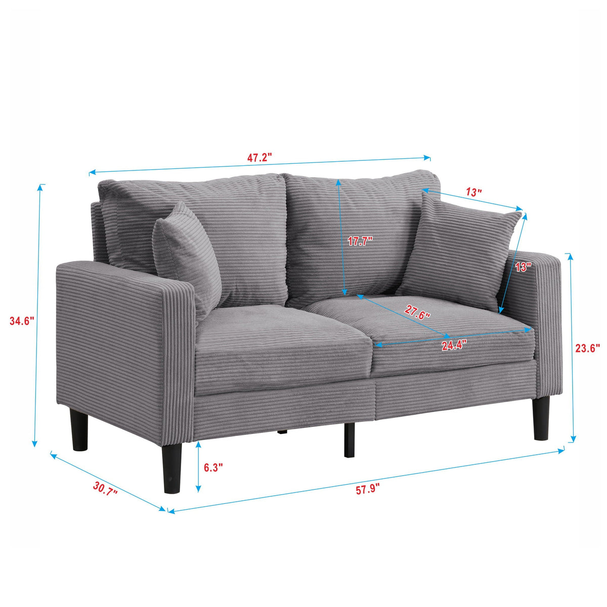 Modern Upholstered Loveseat Sofa gray corduroy by HouseOfZazla, stationary loveseat on Tampa Home & Garden Store