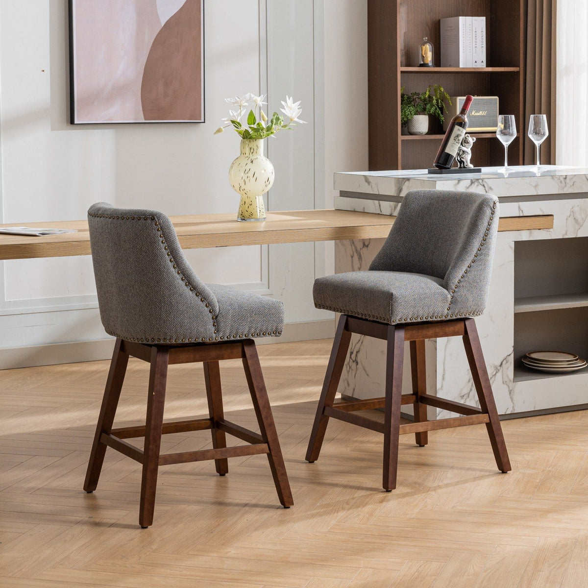 Counter height swivel barstools, set of 2 with grey upholstered seats and dark wood legs on Tampa Home & Garden Store