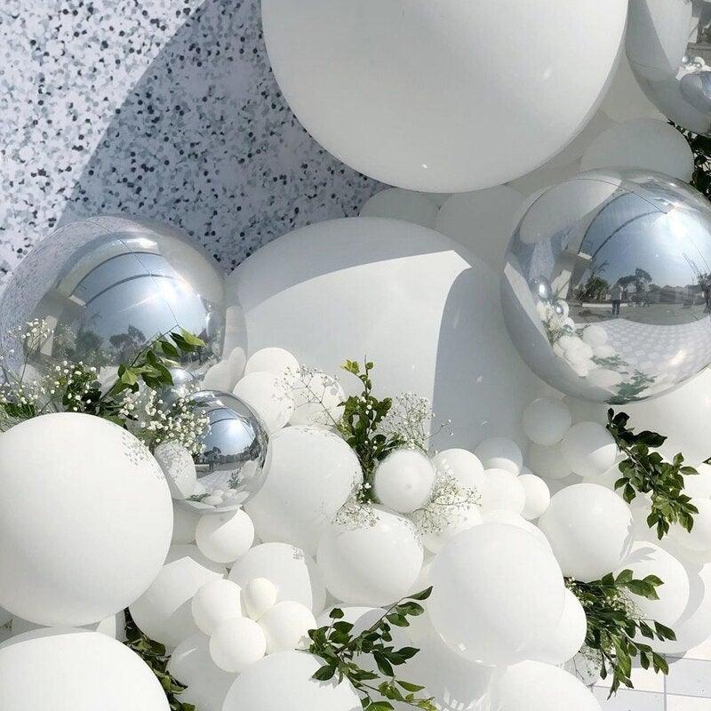 125 pc White Silver Confetti Metallic Balloon Arch Kit with greenery and baby's breath on Tampa Home & Garden Store