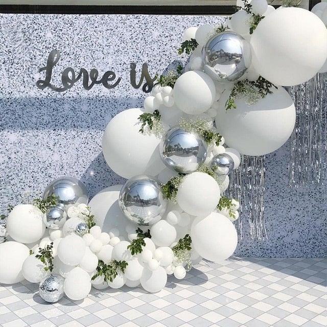 Stevvex 125 pc White Silver Confetti Balloon Arch Kit with white and silver balloons on Tampa Home & Garden Store