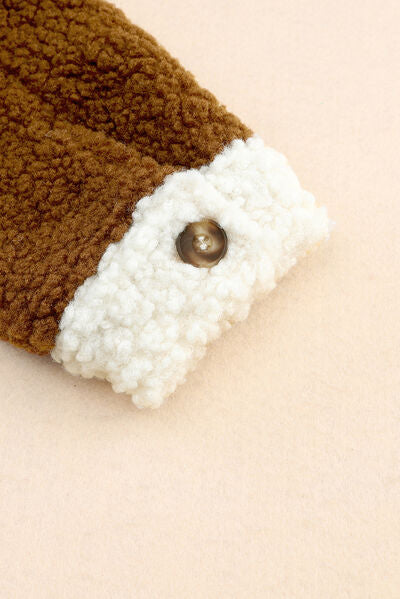 Women Sherpa Jacket brown outer with white fleece cuff and metal button Stevvex jacket on Tampa Home & Garden Store