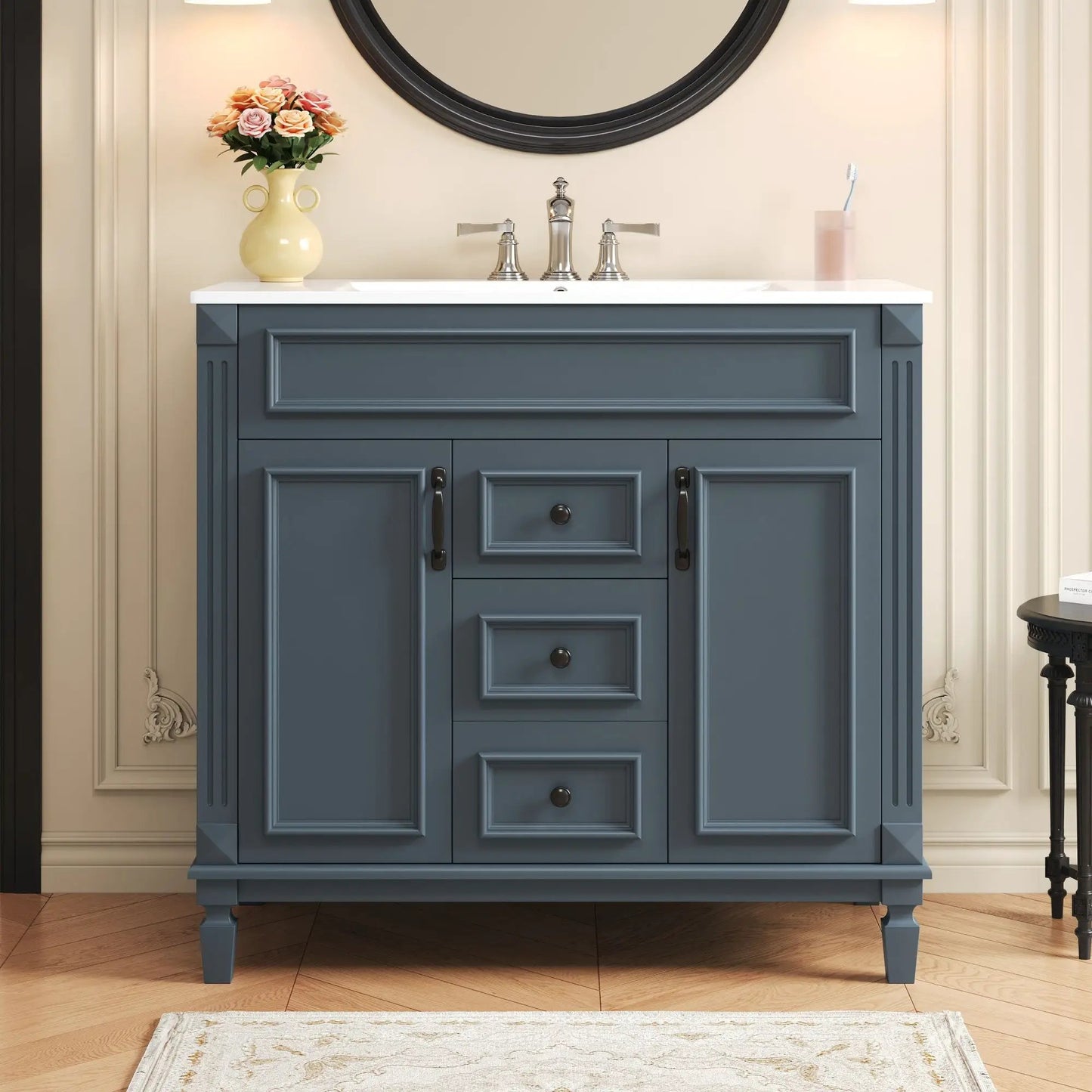 36 Inch Blue Vanity With Top Sink and Drawers