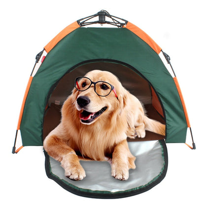 Outdoor Pet Tent green with orange trim, dog wearing glasses inside on Tampa Home & Garden Store