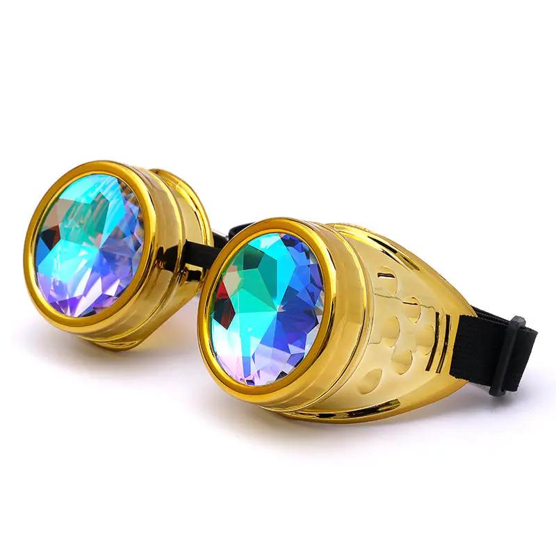 Steampunk goggles gold-tone frame with iridescent prism lenses, pair on black elastic strap on Tampa Home & Garden Store