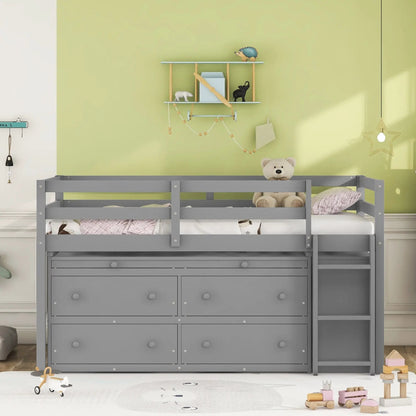 Loft bed with retractable writing desk and 4 drawers, gray with lateral desk and shelves on Tampa Home & Garden Store