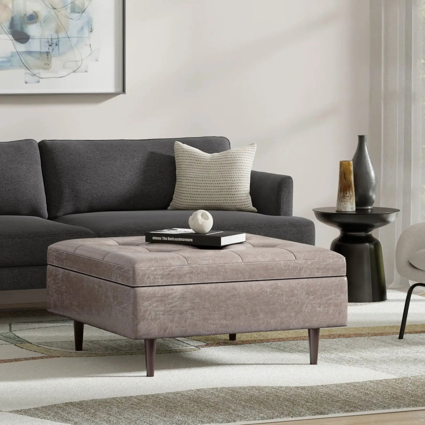 Shay Large Square Coffee Table Storage Ottoman in beige fabric, mid-century with tufted top on Tampa Home & Garden Store