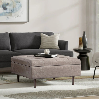 Shay Large Square Coffee Table Storage Ottoman in beige fabric, mid-century with tufted top on Tampa Home & Garden Store