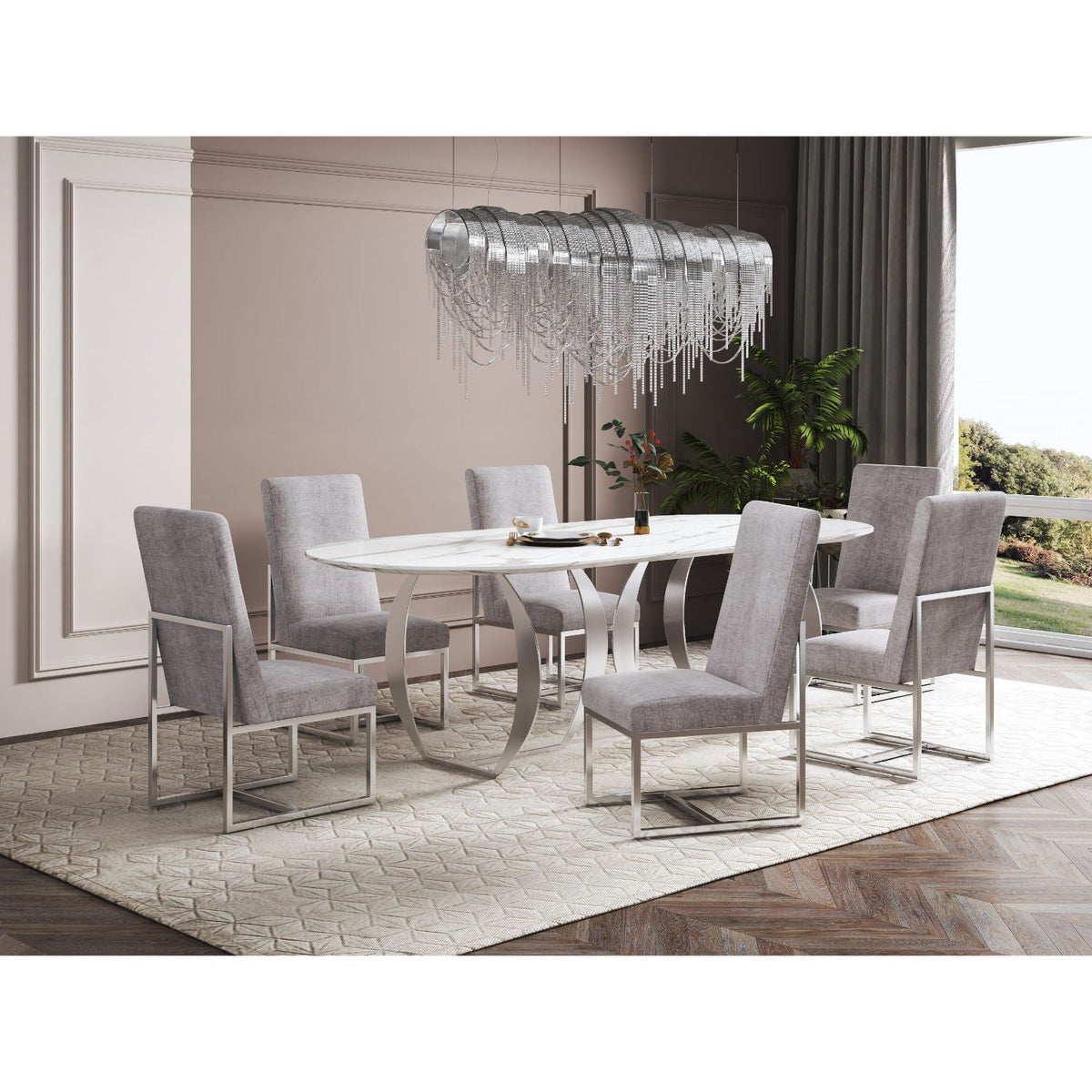 Element Dining Chair by HouseOfZazla, light gray fabric with chrome cantilever base on Tampa Home & Garden Store