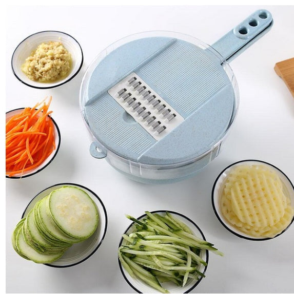 Perfecsy 8-in-1 mandoline blue-gray with handle, carrot and cucumber slices on Tampa Home & Garden Store