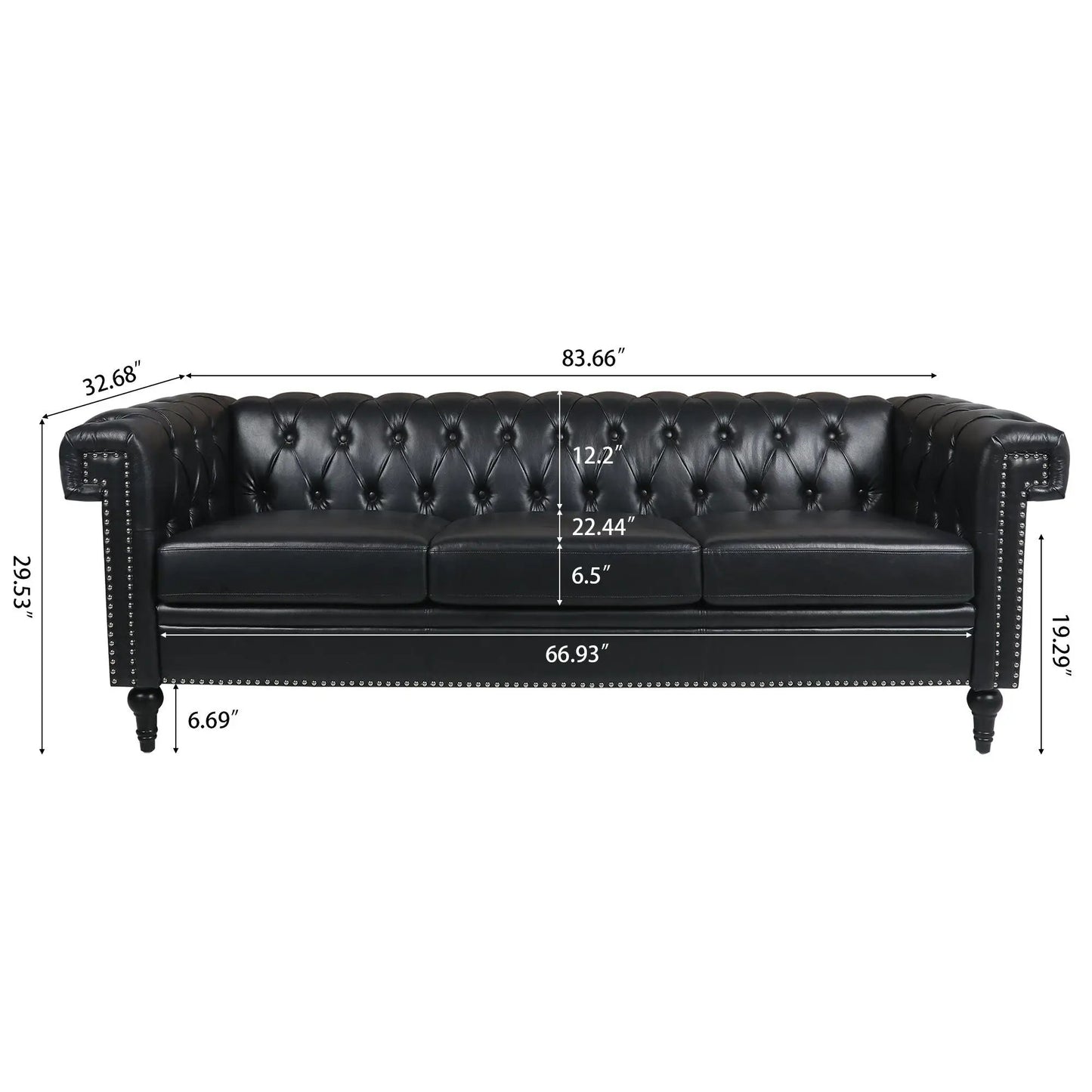 Traditional square-arm 3-seater leather sofa with removable cushions, tufted with nailhead trim on Tampa Home & Garden Store