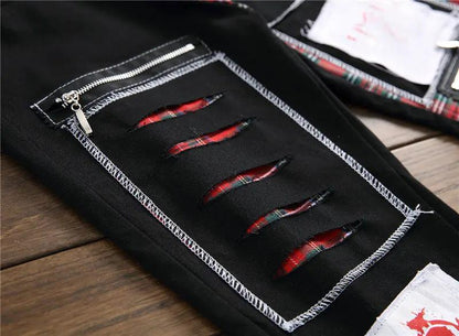 Men's ripped patch jeans black denim with red plaid patches and zip pocket detail on Tampa Home & Garden Store