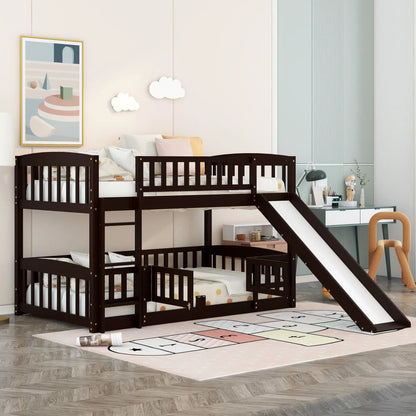 Low Bunk Bed With Slide Fence and Ladder