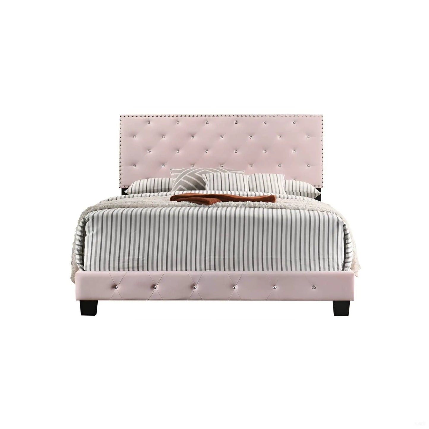 Luxurious Upholstered Bed pink tufted headboard with crystal studs and striped bedding on Tampa Home & Garden Store