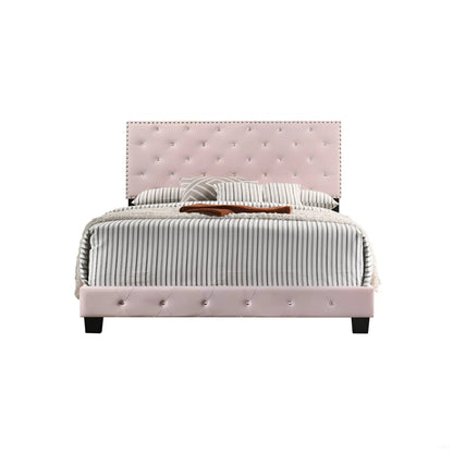 Luxurious Upholstered Bed pink tufted headboard with crystal studs and striped bedding on Tampa Home & Garden Store