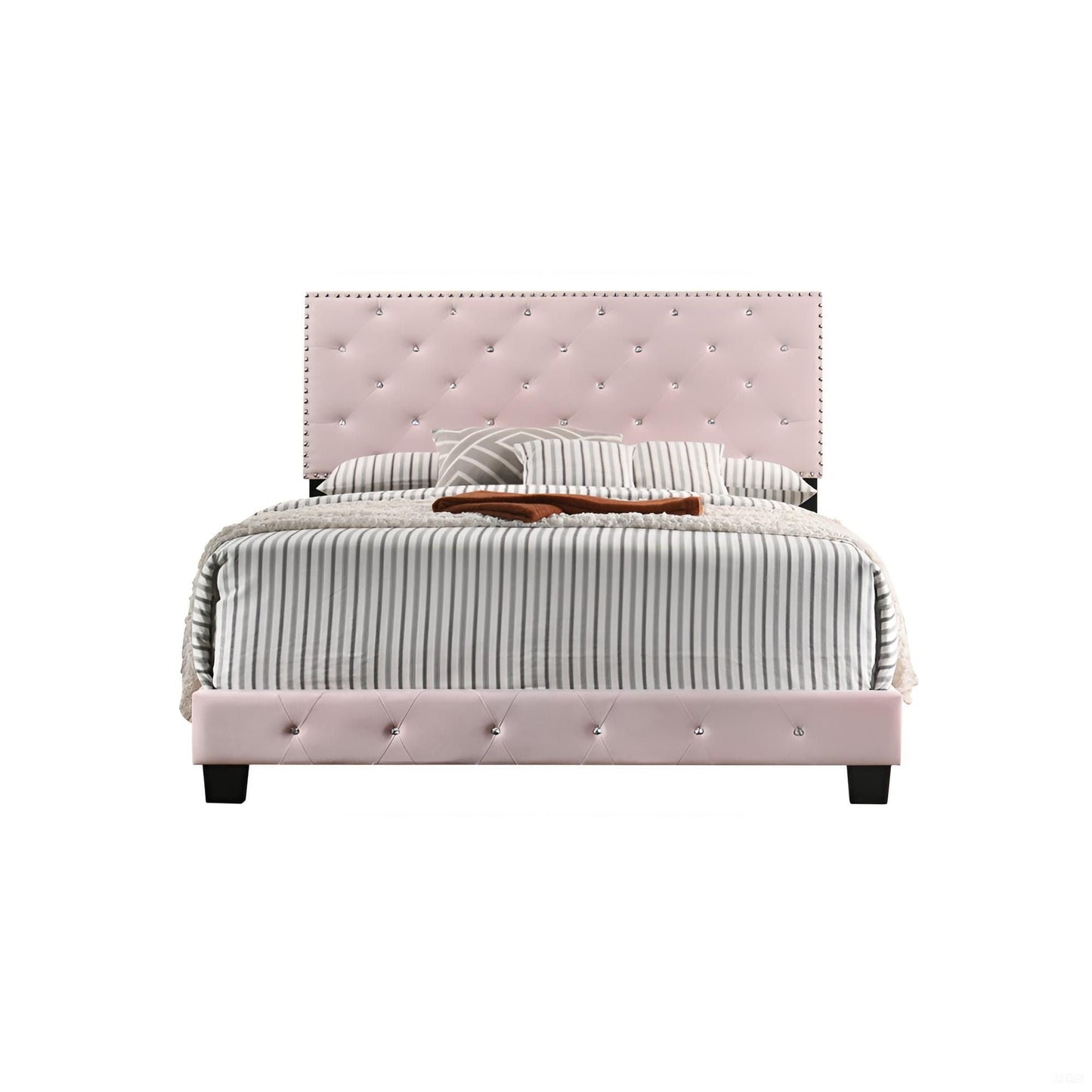 Luxurious Upholstered Bed by HouseOfZazla, pale pink tufted headboard with crystal buttons, gray and white striped bedding on Tampa Home & Garden Store