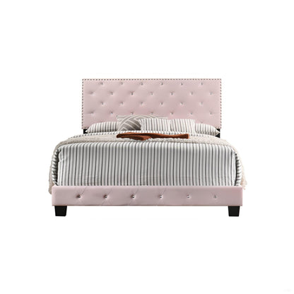 Luxurious Upholstered Bed by HouseOfZazla, pale pink tufted headboard with crystal buttons, gray and white striped bedding on Tampa Home & Garden Store