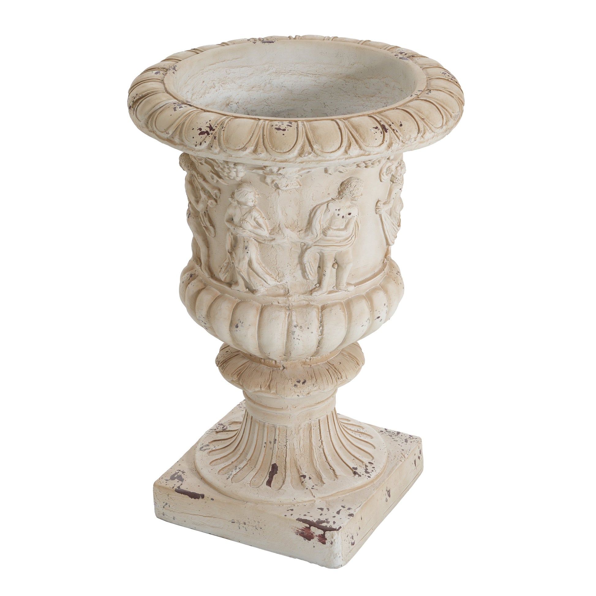Garden urn antique white, 27in tall with rim and relief figures on pedestal HouseOfZazla on Tampa Home & Garden Store