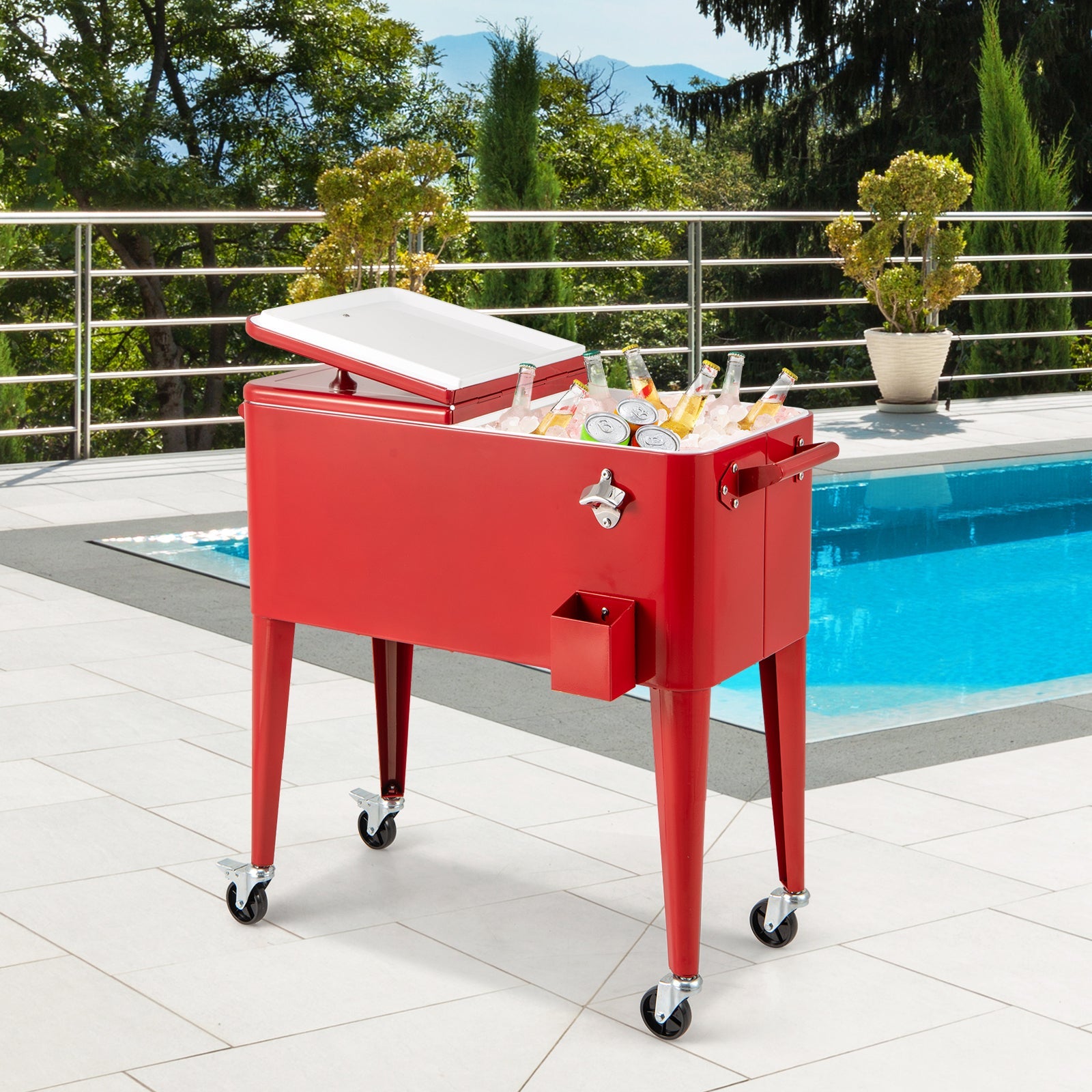Red GemGear portable outdoor patio cooler cart with white lid, filled with bottles, on wheels on Tampa Home & Garden Store