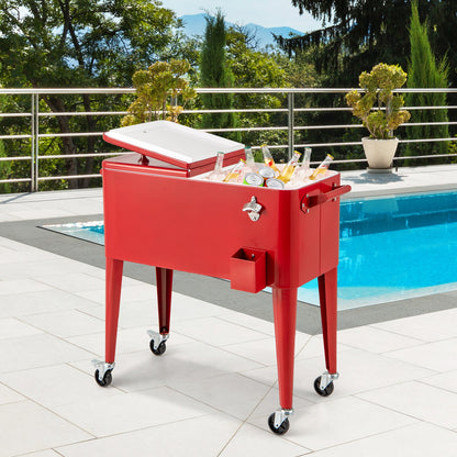 Red GemGear portable outdoor patio cooler cart with white lid, filled with bottles, on wheels on Tampa Home & Garden Store