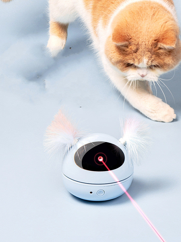 Automatic electric cat toy white round base with fluffy ears and pink laser, cat nearby on Tampa Home & Garden Store