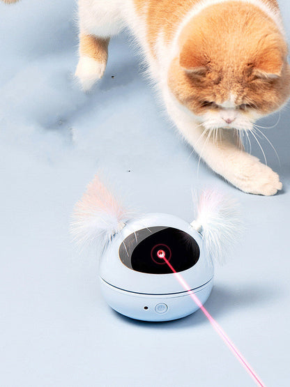 Automatic electric cat toy white round base with fluffy ears and pink laser, cat nearby on Tampa Home & Garden Store