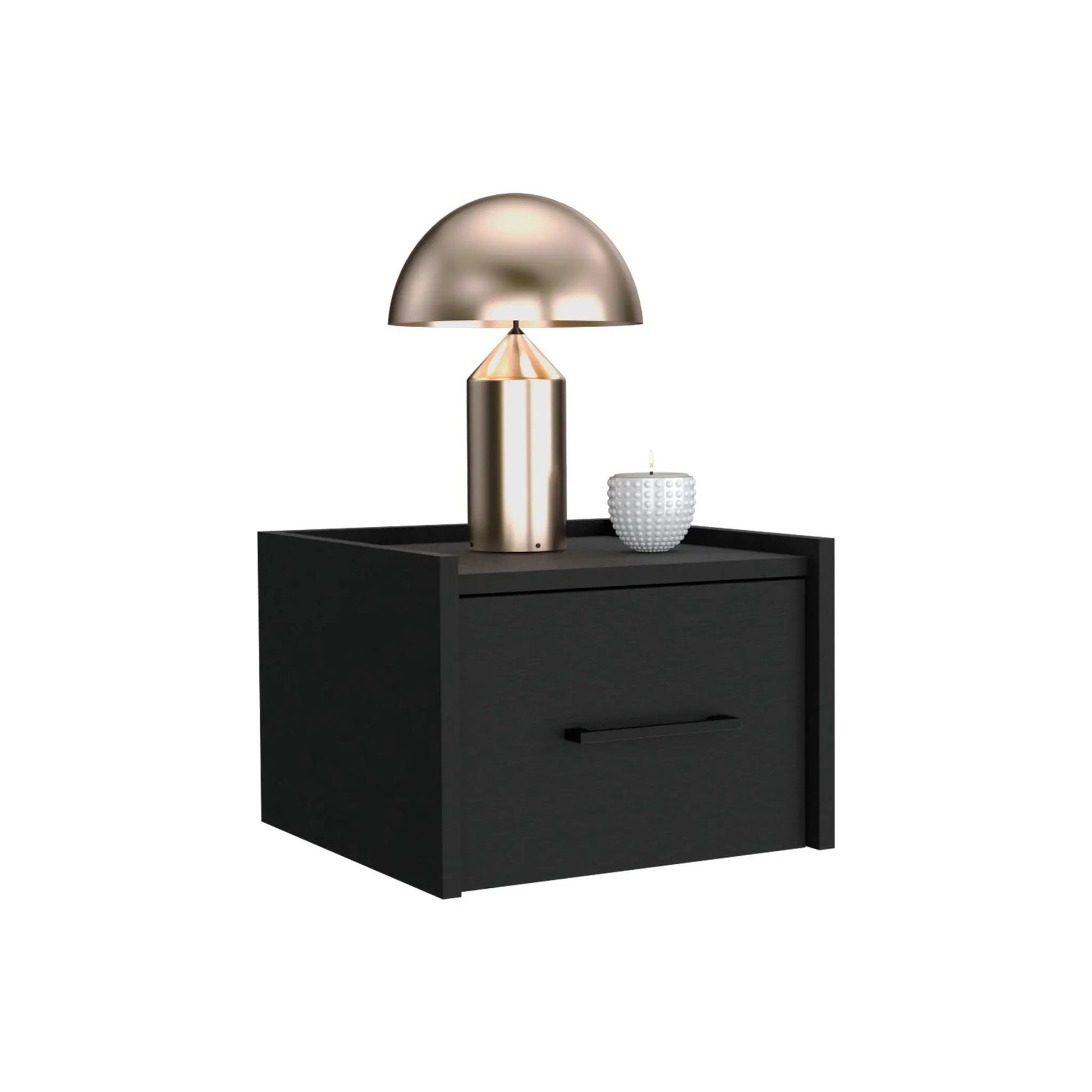 Floating black nightstand with a drawer and rose-gold lamp atop white candle holder beside it on Tampa Home & Garden Store