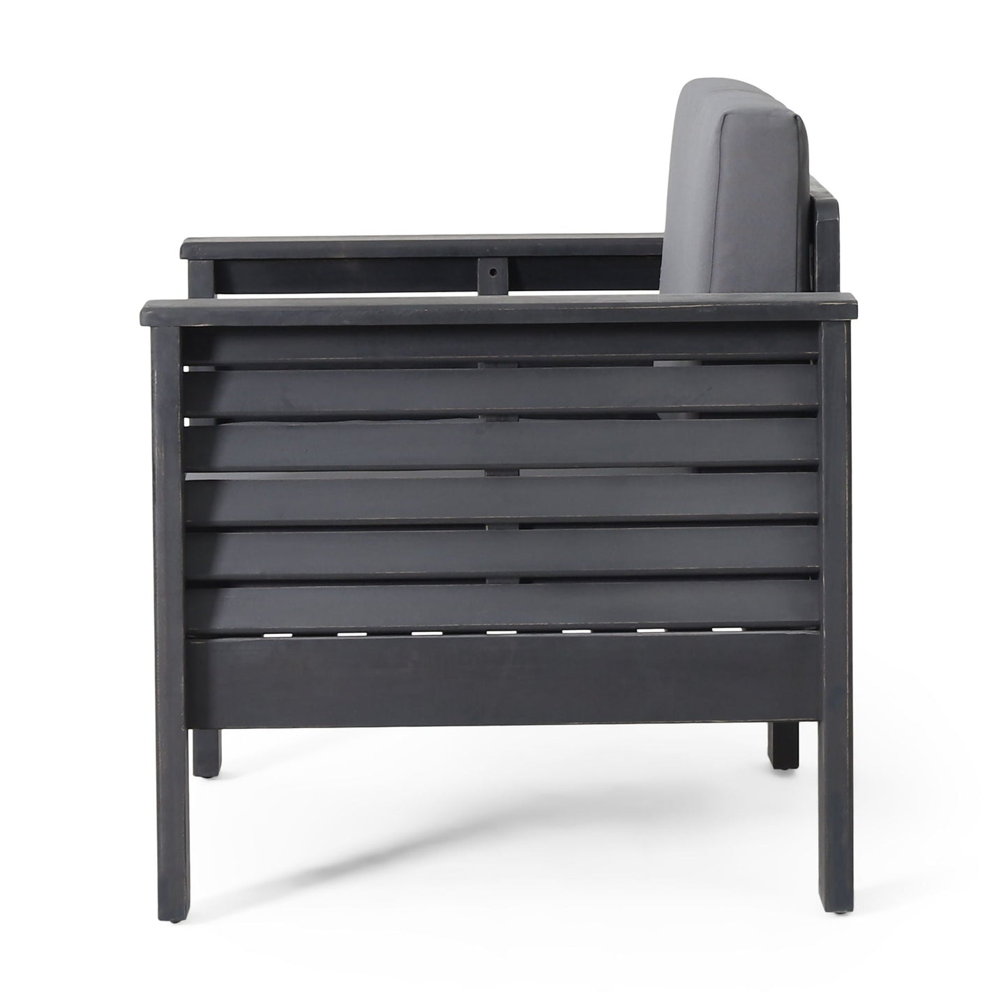 Arm chair with slat design and grey cushion for outdoor use by HouseOfZazla on Tampa Home & Garden Store