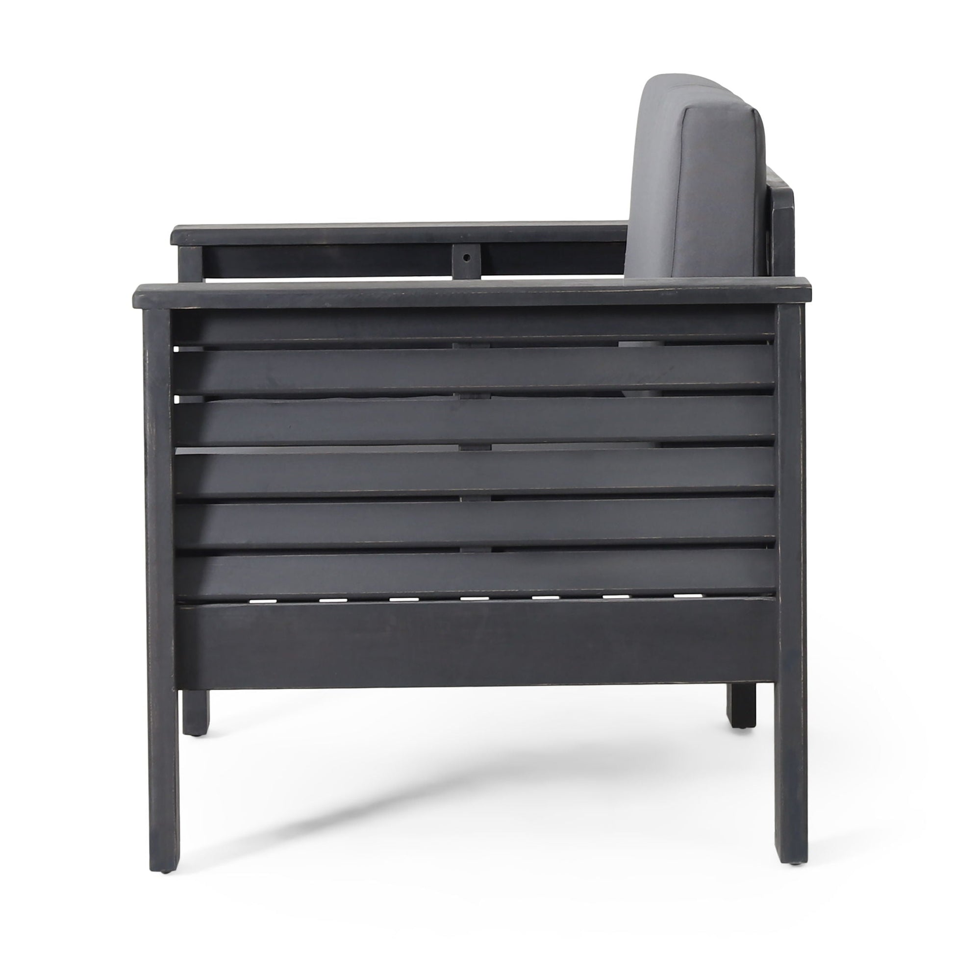Arm chair with slat design and grey cushion for outdoor use by HouseOfZazla on Tampa Home & Garden Store