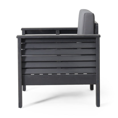 Arm chair with slat design and grey cushion for outdoor use by HouseOfZazla on Tampa Home & Garden Store