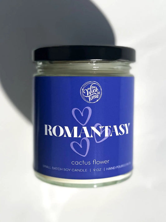 Candle Romantasy cactus flower scent in a blue-labeled glass jar by In the Wick of Time on Tampa Home & Garden Store