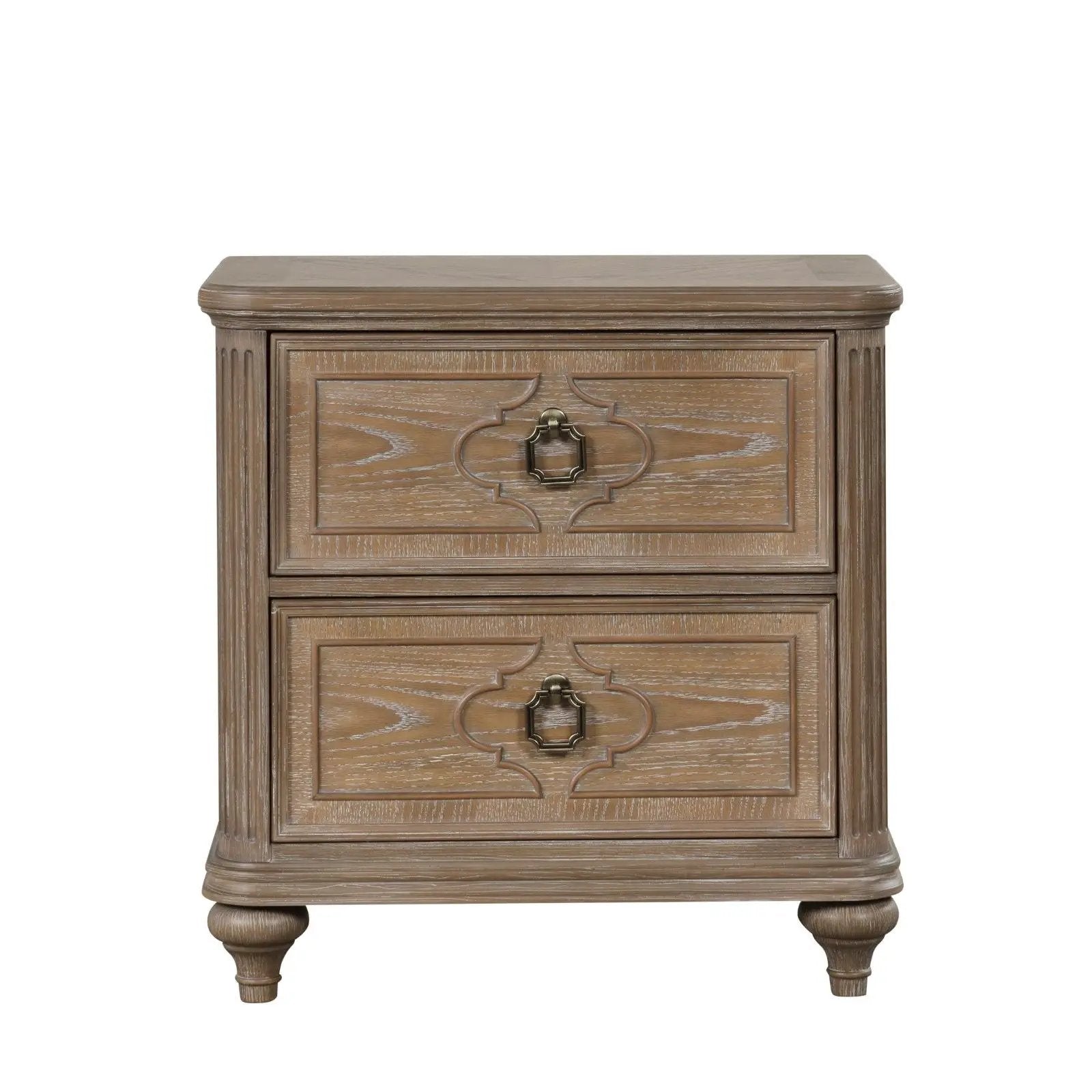 Nightstand oak rustic with two drawers, carved front panels and bun feet on Tampa Home & Garden Store