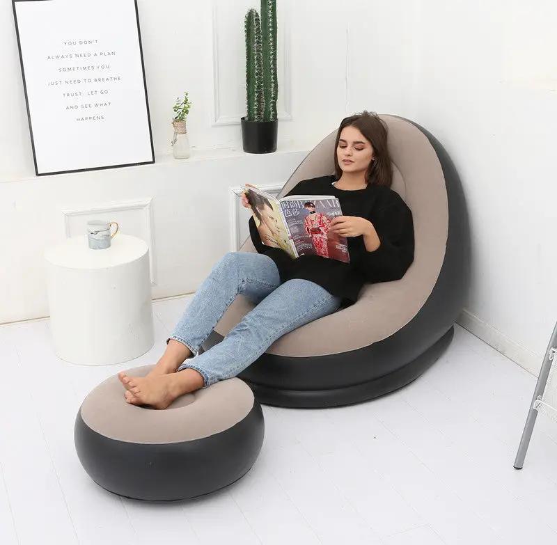 FLIPSTYLEZLLC Lazy Bean Bag with Inflatable Folding Sofa, beige cushion, gray base, ottoman on Tampa Home & Garden Store